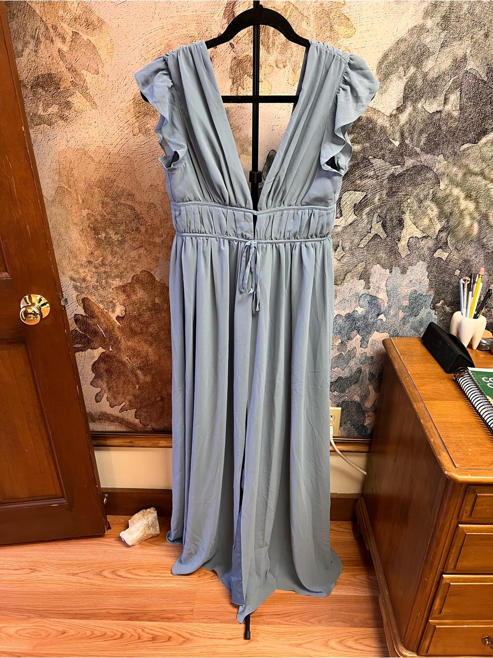 Lulu's Dusty Blue V-Neck Ruffle Sleeve Maxi Dress